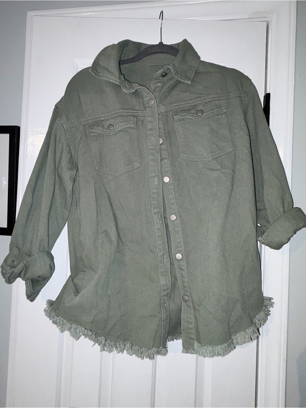 Olive Green Frayed Hem Women's Jacket/Shacket